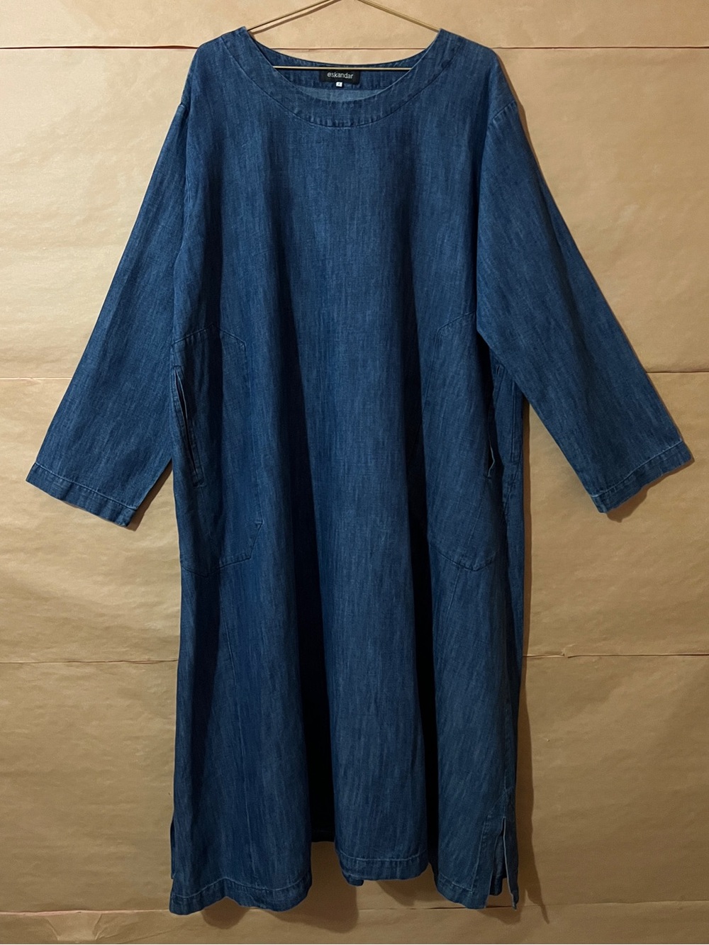 Eskandar Side Paneled Denim Midi Dress Cotton Linen Popover Lagenlook Size L (2)